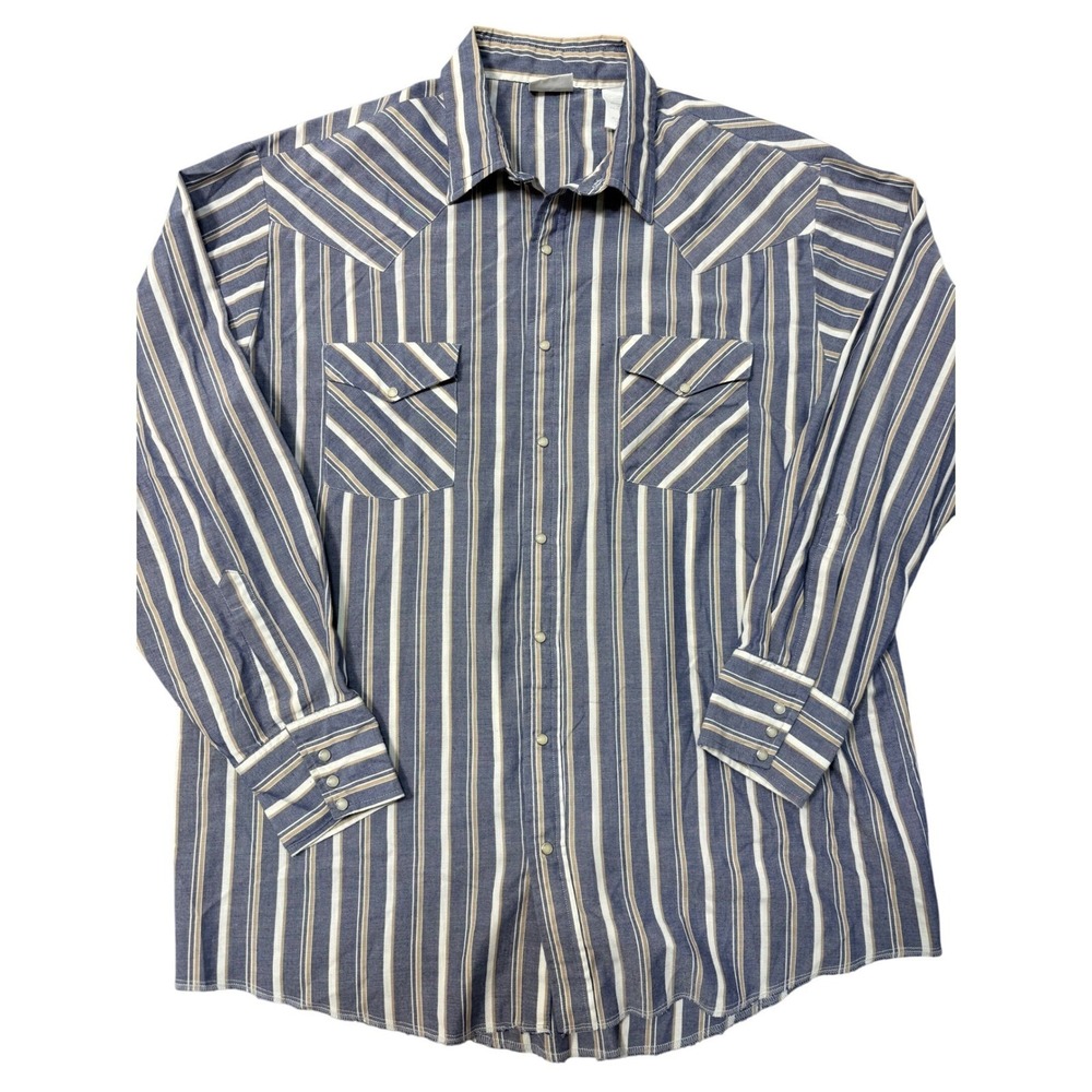 Western Frontier Striped Long Sleeve Snap Front Shirt Mens XLT Blue Tan White
